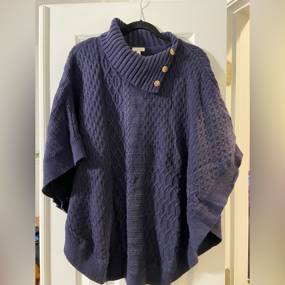 Talbots Navy Blue Cowl Neck Poncho Sweater with Buttons & Cable Work - L/XL
